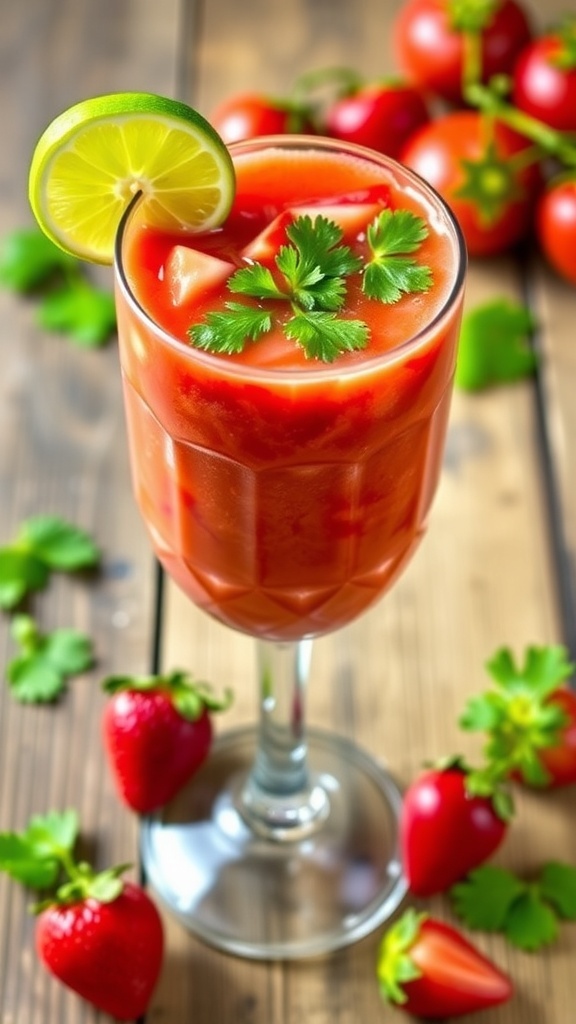 A refreshing Savory Strawberry Salsa Smoothie in a glass, garnished with cilantro and lime, on a wooden table with strawberries and tomatoes.